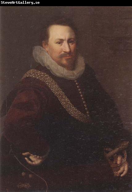 unknow artist Portrait of a Gentleman,half-length,wearing a crimson jacket,with a black mantle